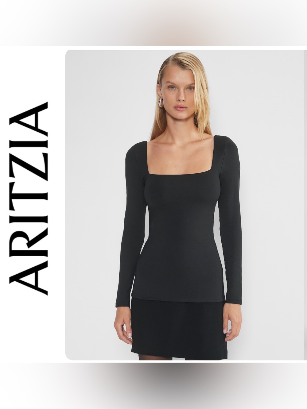 Aritzia Original Contour Sz Small Black Long-Sleeve Square Neck Ribbed Top